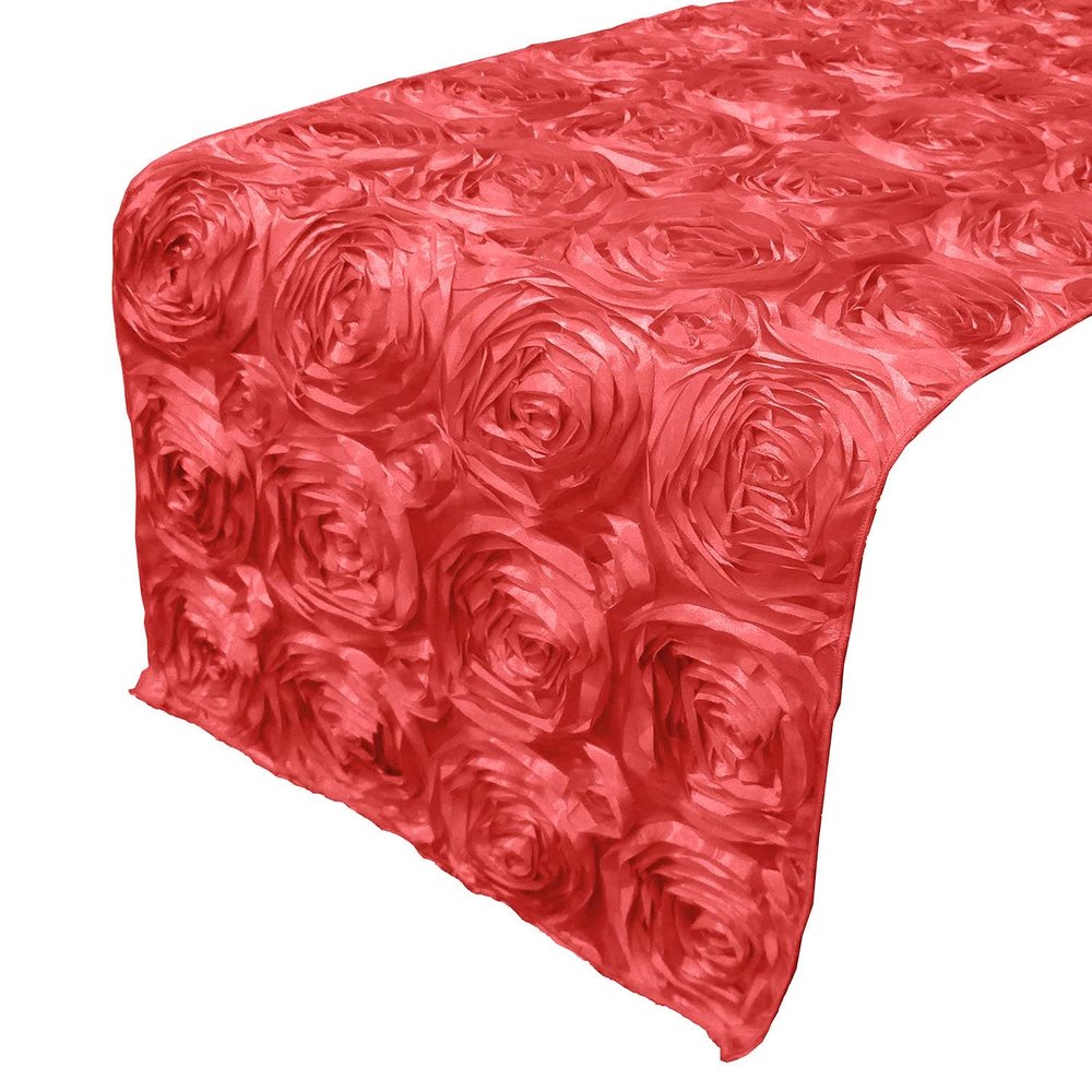 lovemyfabric Satin Rosette/Raised Roses/Floral Ribbon Table Runner for Wedding/Bridal Shower, Birthdays and Very Special Events (14"X120", Coral)