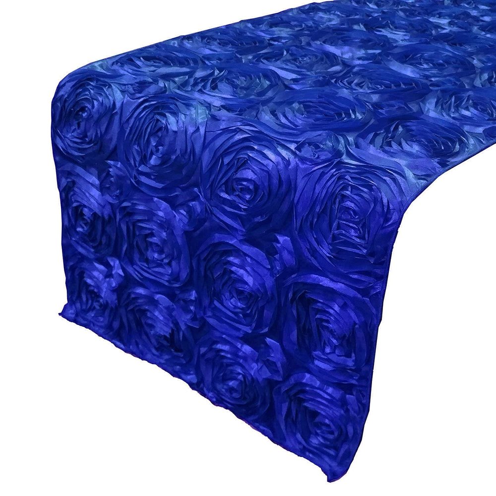 lovemyfabric Satin Rosette/Raised Roses/Floral Ribbon Table Runner for Wedding/Bridal Shower, Birthdays and Very Special Events (14"X120", Royal Blue)
