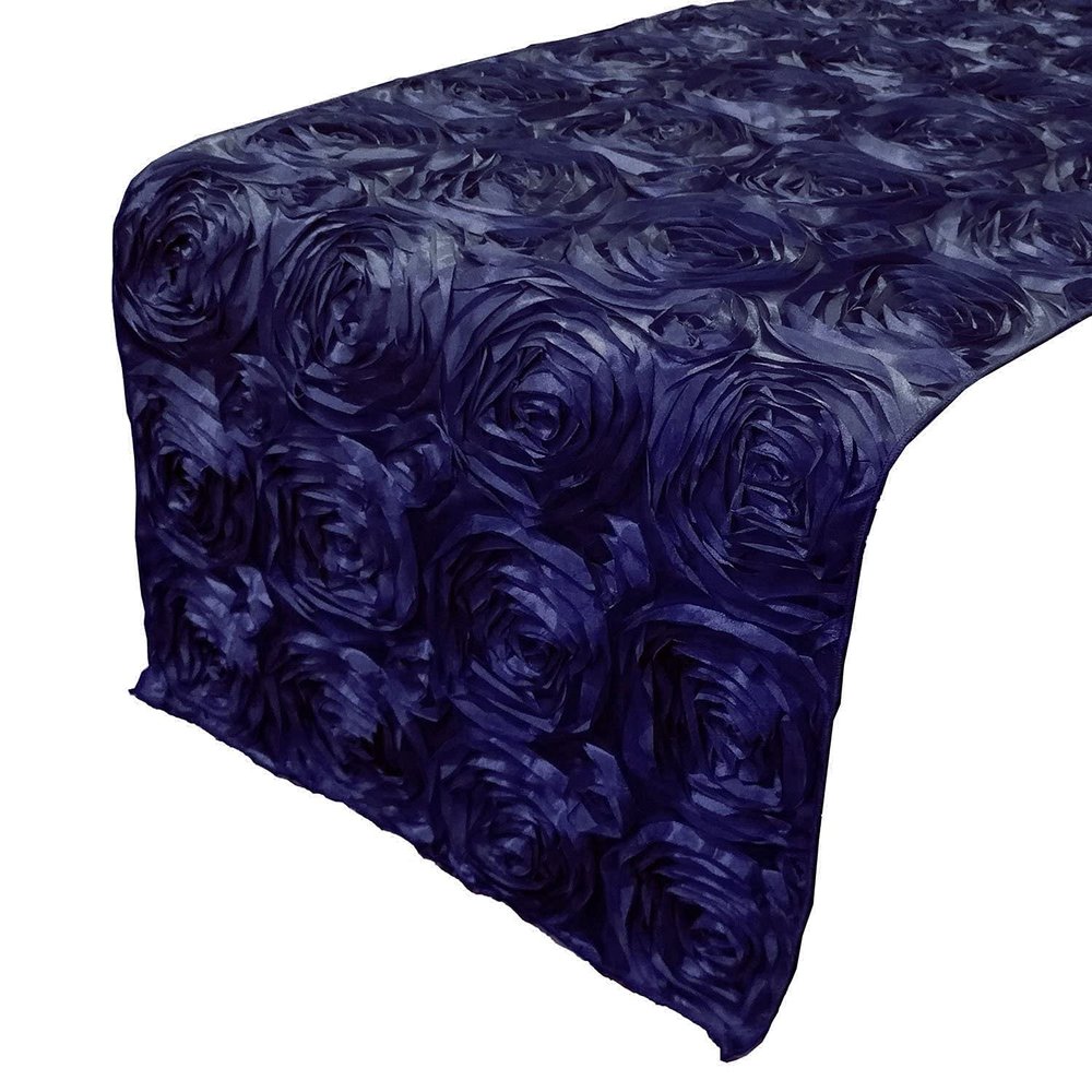 lovemyfabric Satin Rosette/Raised Roses/Floral Ribbon Table Runner for Wedding/Bridal Shower, Birthdays and Very Special Events (14"X108", Navy Blue)