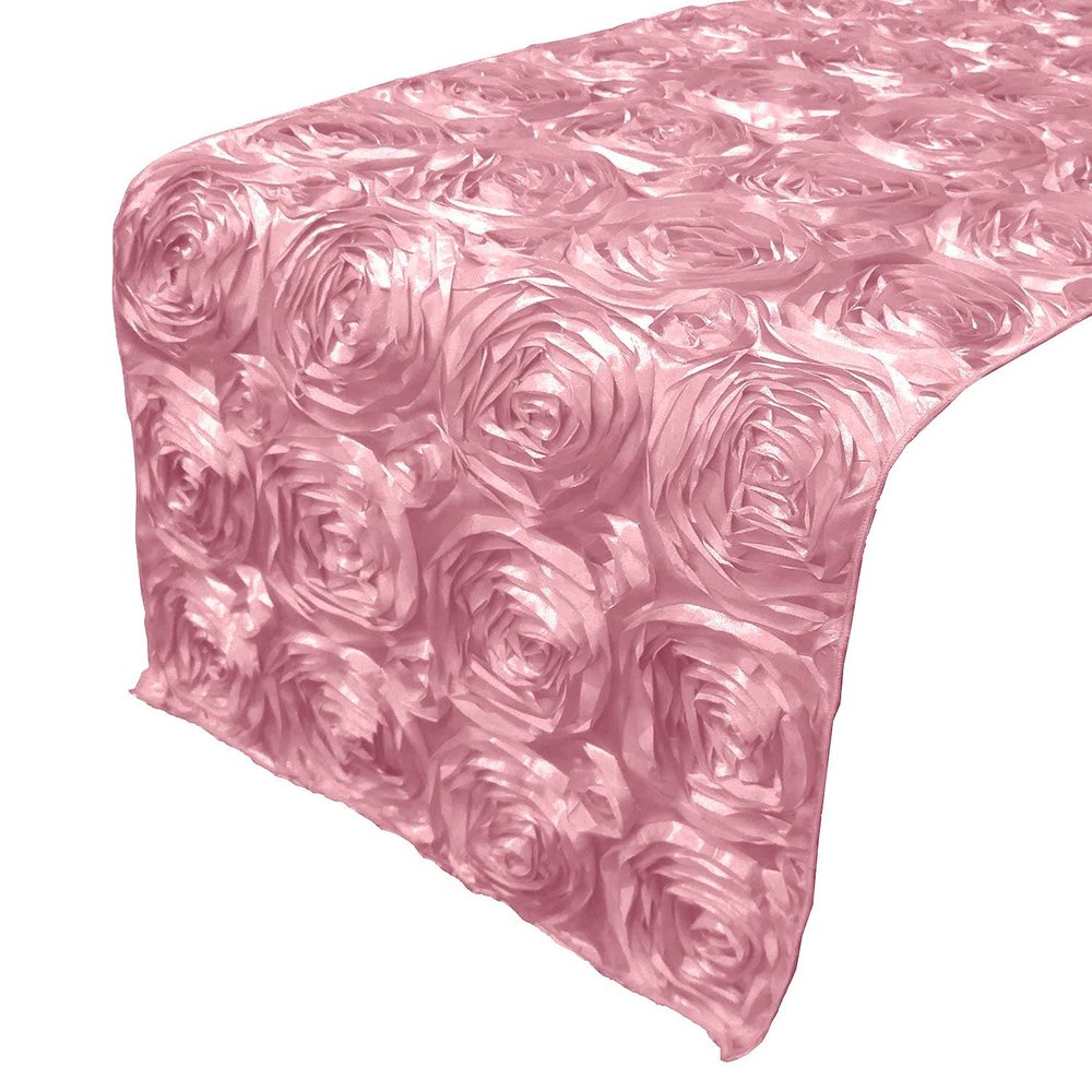 lovemyfabric Satin Rosette/Raised Roses/Floral Ribbon Table Runner for Wedding/Bridal Shower, Birthdays and Very Special Events (14" X96, Pink)