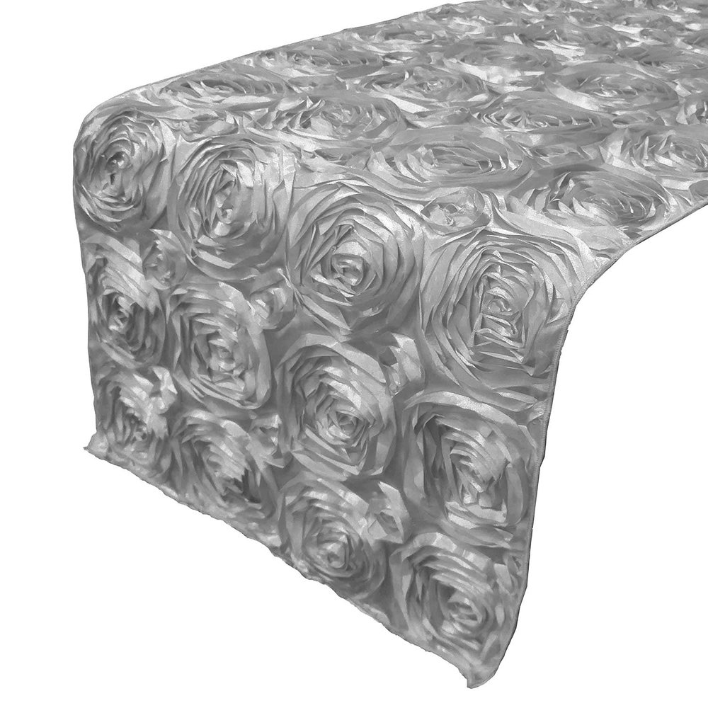 lovemyfabric Satin Rosette/Raised Roses/Floral Ribbon Table Runner for Wedding/Bridal Shower, Birthdays and Very Special Events (14" X96, Silver)