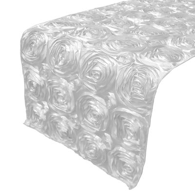 lovemyfabric Satin Rosette/Raised Roses/Floral Ribbon Table Runner for Wedding/Bridal Shower, Birthdays and Very Special Events (14"X108", White)