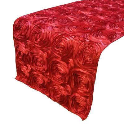 lovemyfabric Satin Rosette/Raised Roses/Floral Ribbon Table Runner for Wedding/Bridal Shower, Birthdays and Very Special Events (14"X120", Red)