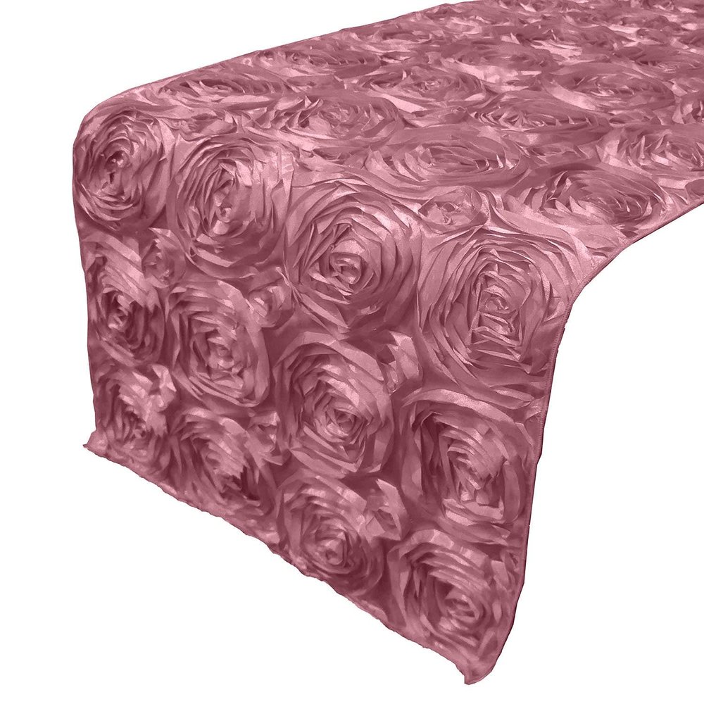 lovemyfabric Satin Rosette/Raised Roses/Floral Ribbon Table Runner for Wedding/Bridal Shower, Birthdays and Very Special Events (14"X108", Dusty Rose)