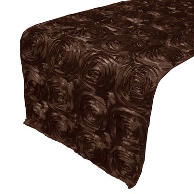 lovemyfabric Satin Rosette/Raised Roses/Floral Ribbon Table Runner for Wedding/Bridal Shower, Birthdays and Very Special Events (14"X120", Brown)