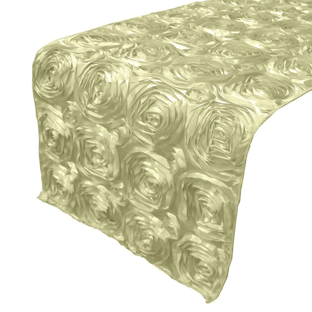 lovemyfabric Satin Rosette/Raised Roses/Floral Ribbon Table Runner for Wedding/Bridal Shower, Birthdays and Very Special Events (14" X96, Ivory)