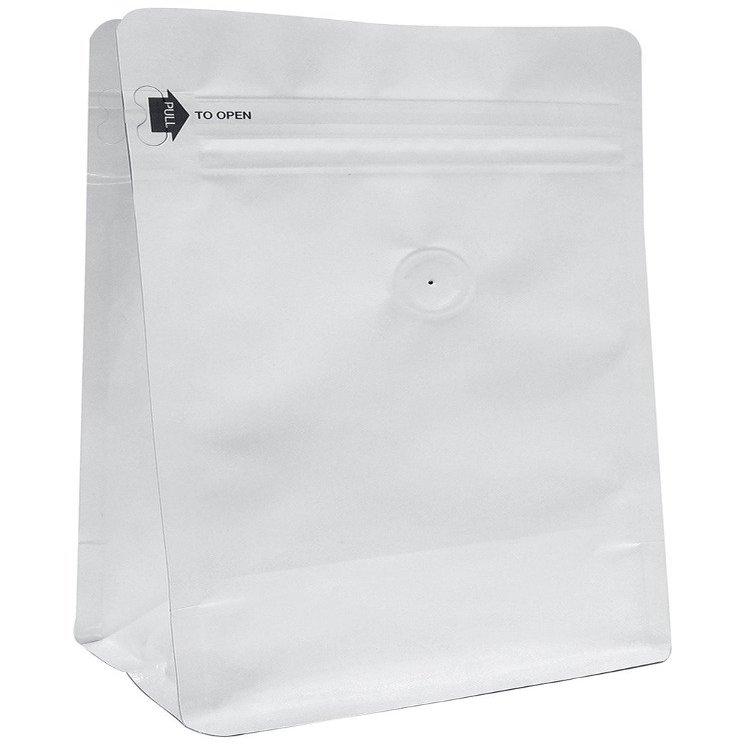 16 oz. Matte White Foil Square Bottom Bag w/E-Zip & Valve (Coffee Packaging, Tea Packaging)