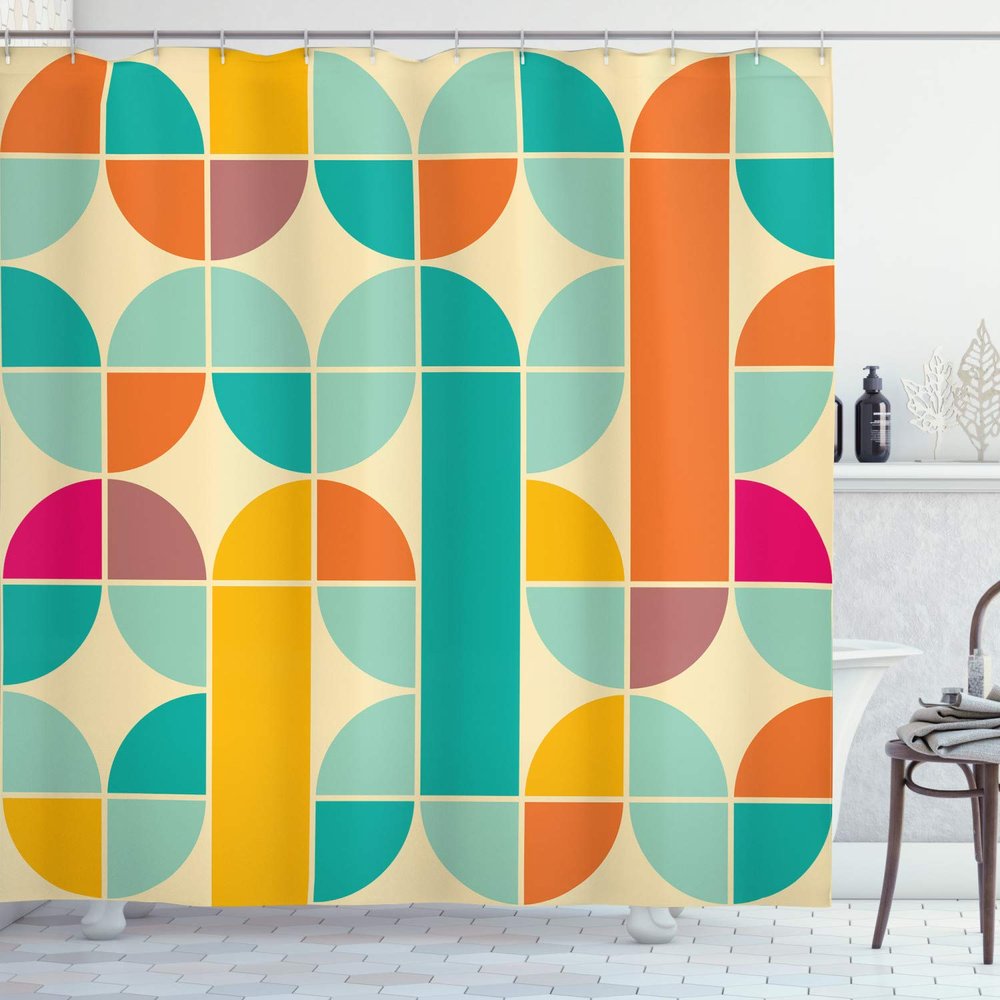 Ambesonne Retro Shower Curtain, Pop Art Funky Unusual Geometric Forms Mosaic Style Old Fashioned Graphic, Cloth Fabric Bathroom Decor Set with Hooks, 69" W x 75" L, Teal Orange