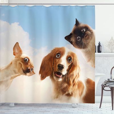 Ambesonne Funny Shower Curtain, Cat and Dogs Domestic Home Pets Friends Hilarious Expressions Sky Clouds Collage, Cloth Fabric Bathroom Decor Set with Hooks, 69" W x 70" L, Brown Beige