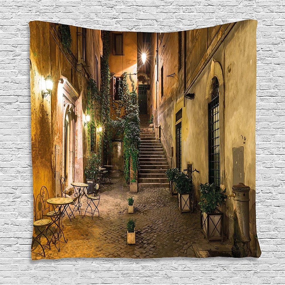 Ambesonne Italian Tapestry, Old Courtyard Rome Italy Cafe Chairs City Historic Houses in Street, Wall Hanging for Bedroom Living Room Dorm Decor, 60" X 80", Pale Yellow Green Orange