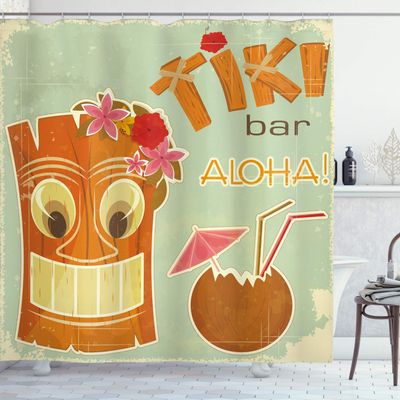 Ambesonne Tiki Bar Shower Curtain, Invitation to Tiki Bar Old Fashion Display Coconut Drink and Flowers Print, Cloth Fabric Bathroom Decor Set with Hooks, 69" W x 75" L, Pale Seafoam Ginger