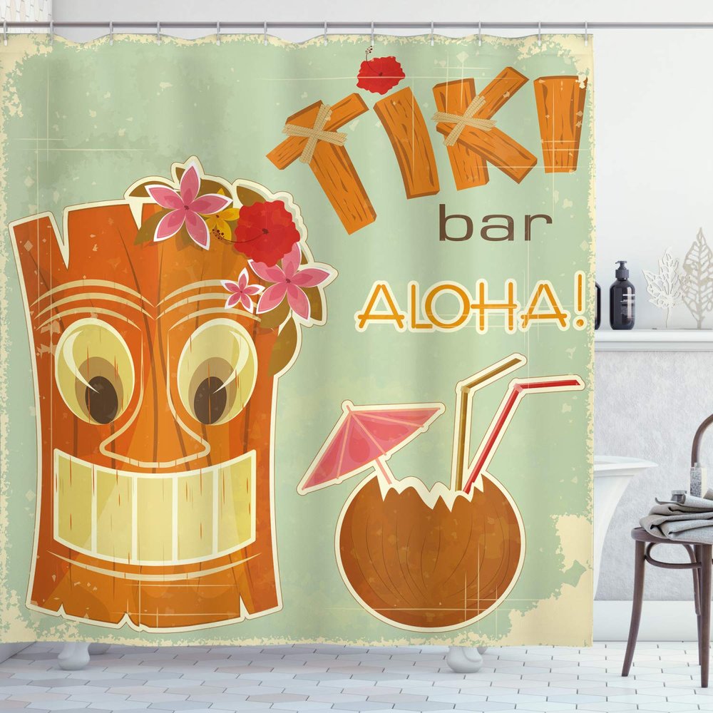 Ambesonne Tiki Bar Shower Curtain, Invitation to Tiki Bar Old Fashion Display Coconut Drink and Flowers Print, Cloth Fabric Bathroom Decor Set with Hooks, 69" W x 75" L, Pale Seafoam Ginger