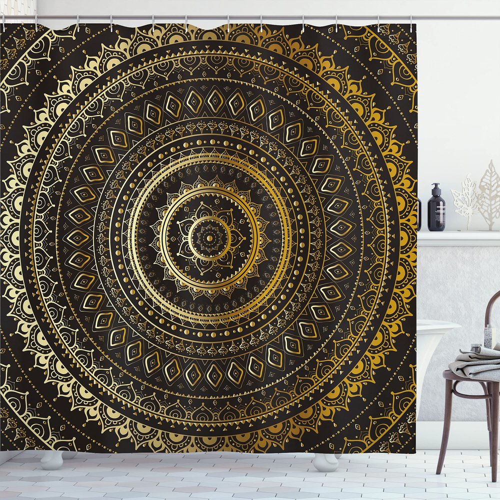 Ambesonne Mandala Shower Curtain, Ornamental Motif of Universe in Balance Oriental Flora Design, Cloth Fabric Bathroom Decor Set with Hooks, 69" W x 75" L, Yellow Brown