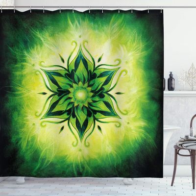 Ambesonne Lotus Shower Curtain, Psychedelic Floral Mandala Digital Image, Cloth Fabric Bathroom Decor Set with Hooks, 69" W x 70" L, Emerald Lime Green