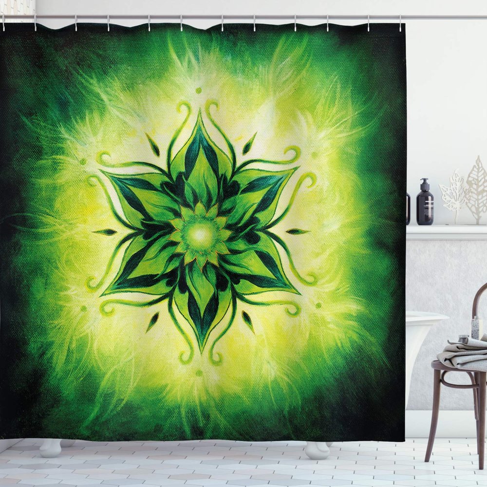 Ambesonne Lotus Shower Curtain, Psychedelic Floral Mandala Digital Image, Cloth Fabric Bathroom Decor Set with Hooks, 69" W x 70" L, Emerald Lime Green