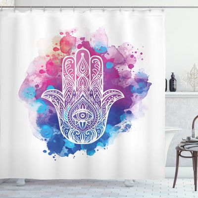 Ambesonne Evil Eye Shower Curtain, Ornate White Hand Drawn Hamsa on Watercolor Splashes Energetic Print, Cloth Fabric Bathroom Decor Set with Hooks, 69" W x 70" L, Pink Blue White