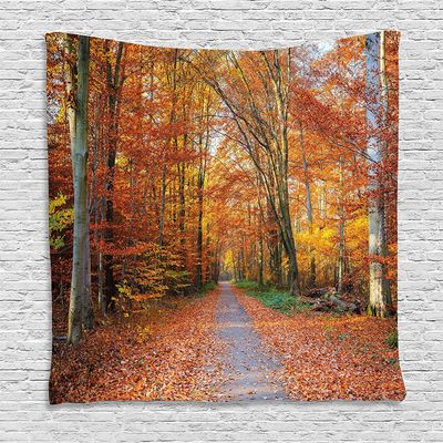 Ambesonne Fall Tapestry, Pathway Covered Fallen Leaves Through Autumn Forest Vibrant Trees Print, Wall Hanging for Bedroom Living Room Dorm Decor, 60" X 80", Orange Yellow Green