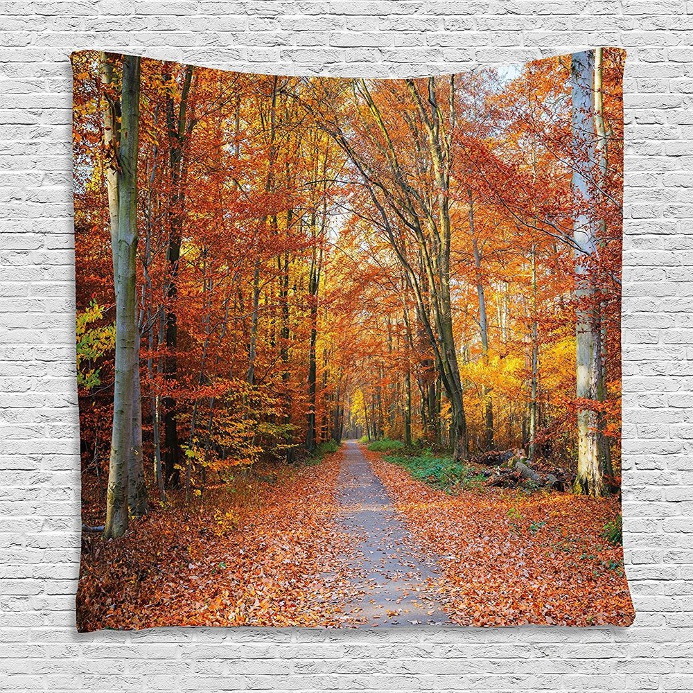 Ambesonne Fall Tapestry, Pathway Covered Fallen Leaves Through Autumn Forest Vibrant Trees Print, Wall Hanging for Bedroom Living Room Dorm Decor, 60" X 80", Orange Yellow Green
