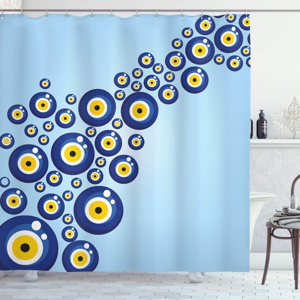 Ambesonne Evil Eye Shower Curtain, Diagonal Evil Eye Pattern Lively Protection Turkish Cultural, Cloth Fabric Bathroom Decor Set with Hooks, 69" W x 70" L, Blue Pale Blue Yellow