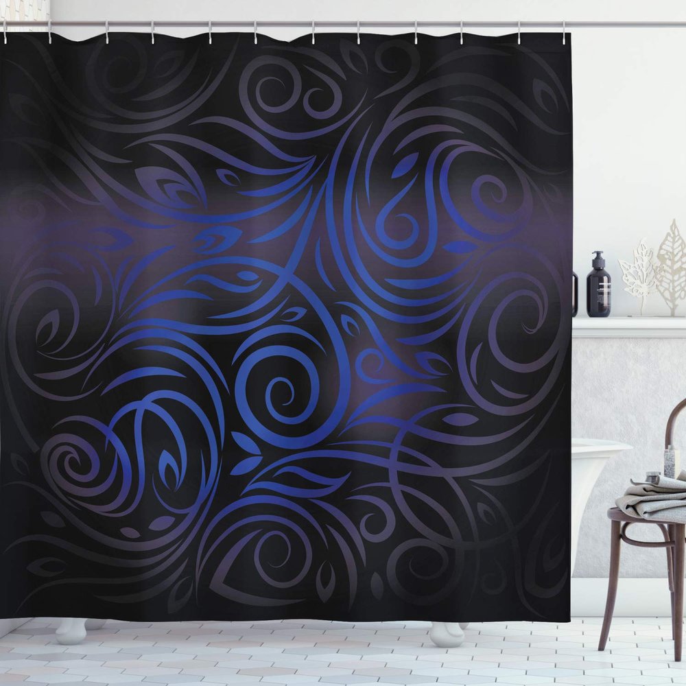 Ambesonne Dark Blue Shower Curtain, Antique Victorian Swirled Natural Floral Art Pattern Vignette Effect, Cloth Fabric Bathroom Decor Set with Hooks, 69" W x 75" L, Slate Blue