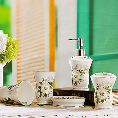 USTARAIL Ceramic Bathroom 5 Pieces Set Supplies White Camellia Bathroom Accessories Set Stylish Bath Accessories Beautiful Home Gifts