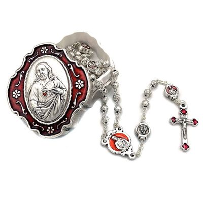 Catholic Rosary Beads with Metal Keepsake Gift Box Set (Sacred Heart of Jesus Red)