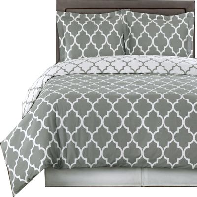 8 Pieces Meridian Grey with White California King Size Bed in a Bag Set Include: 3pc Duvet Cover Set + 4pc Sheet Set+ 1pc Down Alternative Comforter