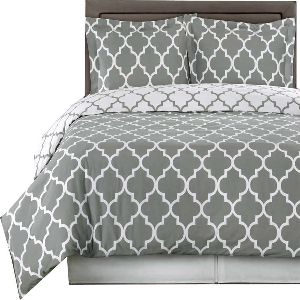 8 Pieces Meridian Grey with White King Size Bed in a Bag Set Include: 3pc Duvet Cover Set + 4pc Sheet Set+ 1pc Down Alternative Comforter