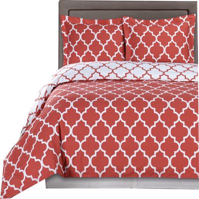 8 Pieces Meridian Coral with White California King Size Bed in a Bag Set Include: 3pc Duvet Cover Set + 4pc Sheet Set+ 1pc Down Alternative Comforter