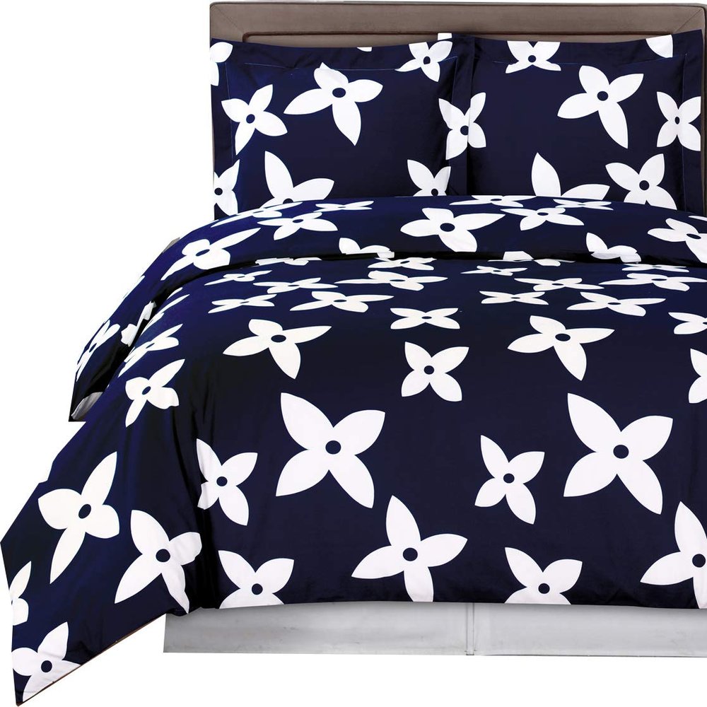8PC Desiree Navy King Size Bed in a Bag- Medium Weight Down Alternative Comforter (Duvet Insert) with Cotton Duvet Cover Set and Bed Sheets
