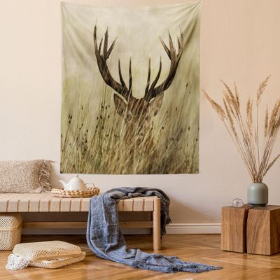 Ambesonne Antler Tapestry, Whitetail Deer Fawn in Wilderness Stag in Countryside Rural Hunting Theme, Wall Hanging for Bedroom Living Room Dorm Decor, 60" X 80", Brown Sand Brown