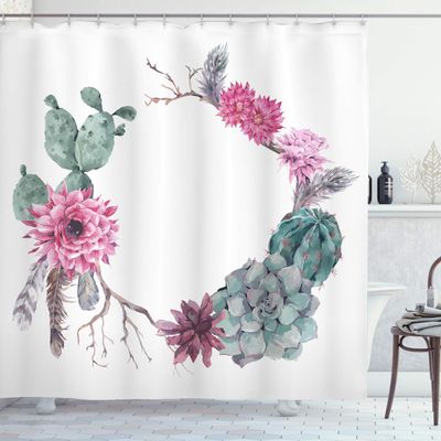 Ambesonne Succulent Shower Curtain, Summer Vintage Floral Wreath Boho Form Style Branches Feathers, Cloth Fabric Bathroom Decor Set with Hooks, 69" W x 75" L, Pink Green