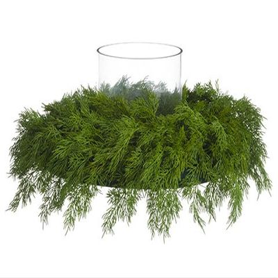 8" Hx22 D Soft Plastic Cedar Centerpiece with Glass Candleholder Green