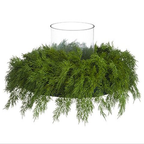8" Hx22 D Soft Plastic Cedar Centerpiece with Glass Candleholder Green