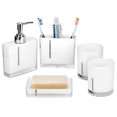 Bathroom Accessories Set, Acrylic 5-Piece Bath Accessory Kit, White, Including Toothbrush Holder, Dish, Cup, Dispenser, Gargle Cup