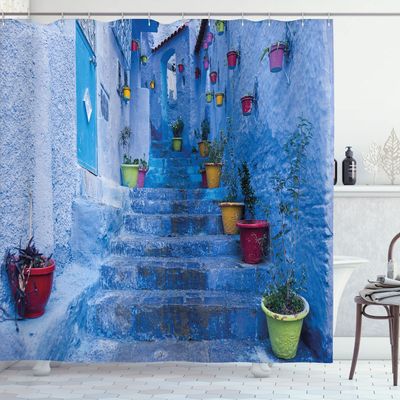 Ambesonne Blue Shower Curtain, Street with Colorful Flower Pots in City of Chefchaouen in Morocco Travel Village, Cloth Fabric Bathroom Decor Set with Hooks, 69" W x 84" L, Ceil Blue