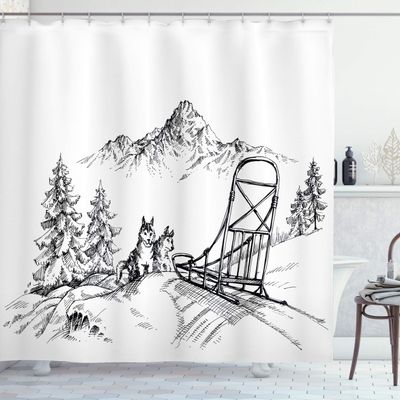 Ambesonne Alaskan Malamute Shower Curtain, Mountain Landscape in Winter Sledding Dogs Pine Trees Wilderness Art, Cloth Fabric Bathroom Decor Set with Hooks, 69" W x 75" L, White and Black