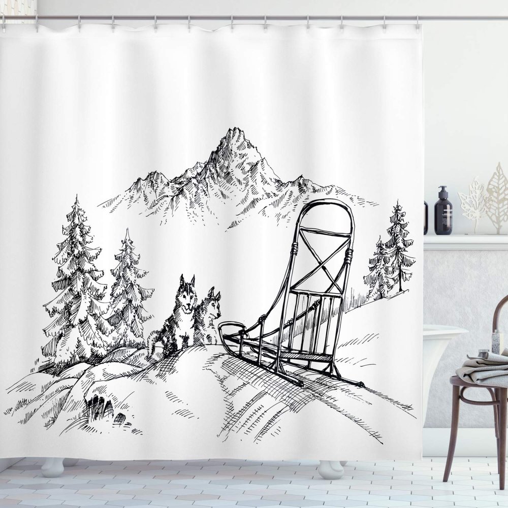 Ambesonne Alaskan Malamute Shower Curtain, Mountain Landscape in Winter Sledding Dogs Pine Trees Wilderness Art, Cloth Fabric Bathroom Decor Set with Hooks, 69" W x 75" L, White and Black