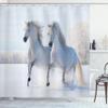 Ambesonne Horse Shower Curtain, 2 White Stallions Gallop on Snow Field Natural Landscape Winter Trees, Cloth Fabric Bathroom Decor Set with Hooks, 69" W x 75" L, Pale Blue White view 1