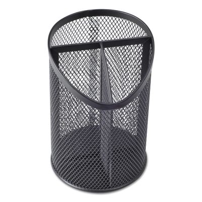 Universal UNV20019 4.13 in. Diameter x 6 in. Height 3-Compartment Metal Mesh Pencil Cup - Black