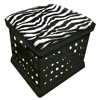 The Furniture Cove Black Utility Crate Storage Container Ottoman Bench Stool for Office/Home/School/Preschools with Your Choice of Seat Cushion Theme! (Black & White Zebra)