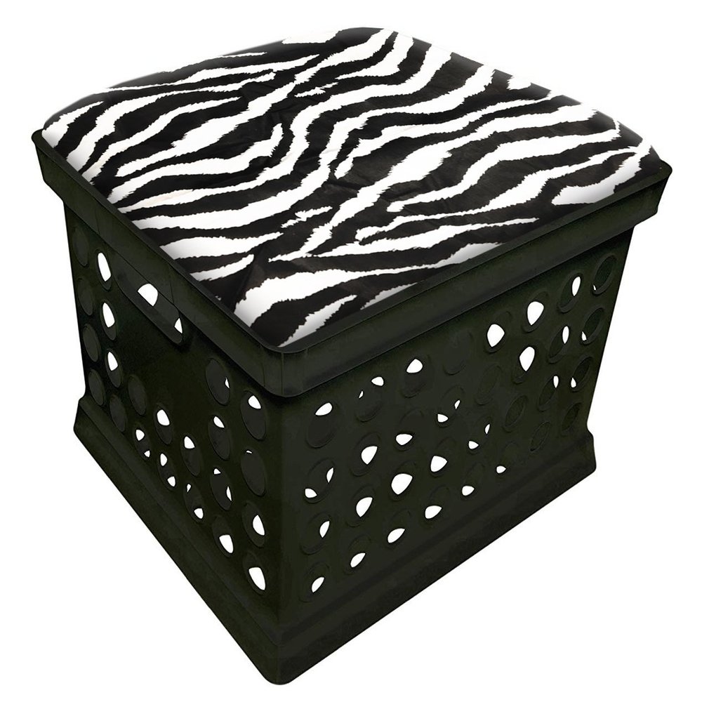 The Furniture Cove Black Utility Crate Storage Container Ottoman Bench Stool for Office/Home/School/Preschools with Your Choice of Seat Cushion Theme! (Black & White Zebra)
