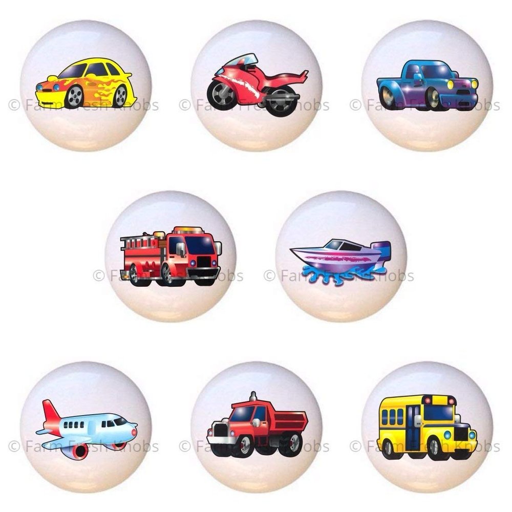 SET OF 8 KNOBS - Transportation Kids Room - DECORATIVE Glossy CERAMIC Cupboard Cabinet PULLS Dresser Drawer KNOBS