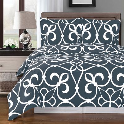 8PC Victoria Grey Full Size Bed in a Bag- Medium Weight Down Alternative Comforter (Duvet Insert) with Cotton Duvet Cover Set and Bed Sheets