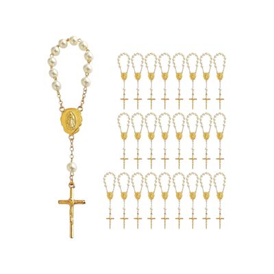 25 Gold Plated Mini Rosary for Baptism Favors in ivory color Faux pearls, recuerdos de bautizo tono Beige, christening guest gifts off white tone , communion memento, wedding mini rosaries