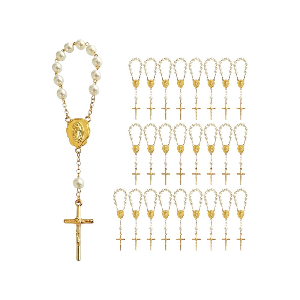 25 Gold Plated Mini Rosary for Baptism Favors in ivory color Faux pearls, recuerdos de bautizo tono Beige, christening guest gifts off white tone , communion memento, wedding mini rosaries
