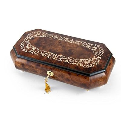 Handcrafted Cut - Corner Music Box with Arabesque Wood Inlay Design - Many Songs to Choose - Rock of Ages - Christian Version