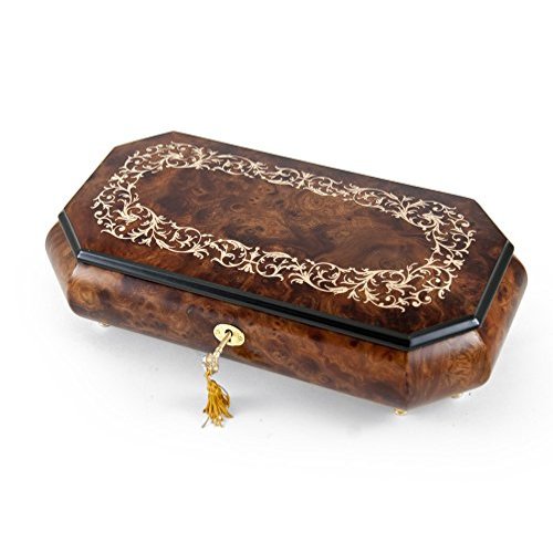 Handcrafted Cut - Corner Music Box with Arabesque Wood Inlay Design - Many Songs to Choose - Rock of Ages - Christian Version