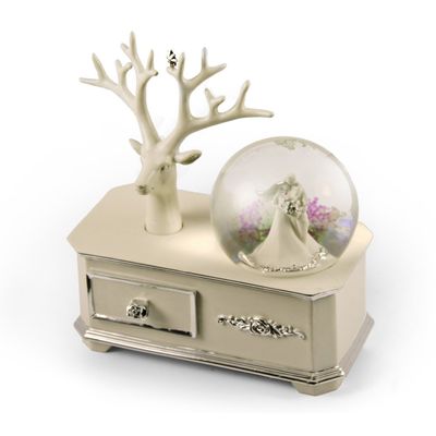 Ivory Wedding Couple Musical Snow Globe ATOP of A Silver Accented Commode - Many Songs to Choose - Drive My Car