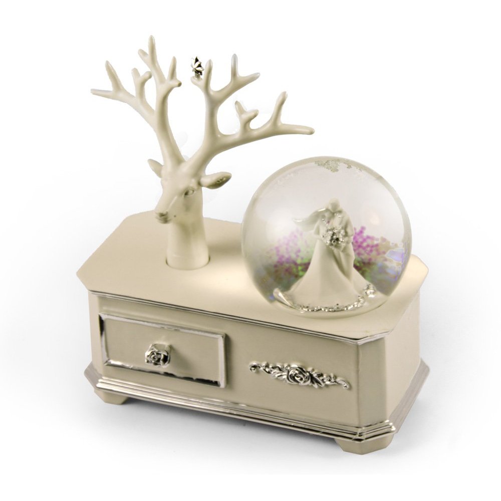 Ivory Wedding Couple Musical Snow Globe ATOP of A Silver Accented Commode - Many Songs to Choose - HAVA Nagila (Alicia Jonas)